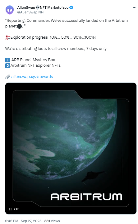 AlienSwap已支持Arbitrum主网，并推出积分盲盒和Arbitrum NFT Explorer系列NFT