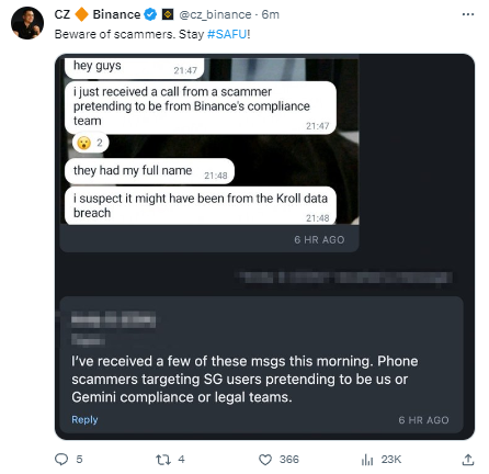 赵长鹏提醒用户警惕伪装成来自币安合规团队的诈骗电话