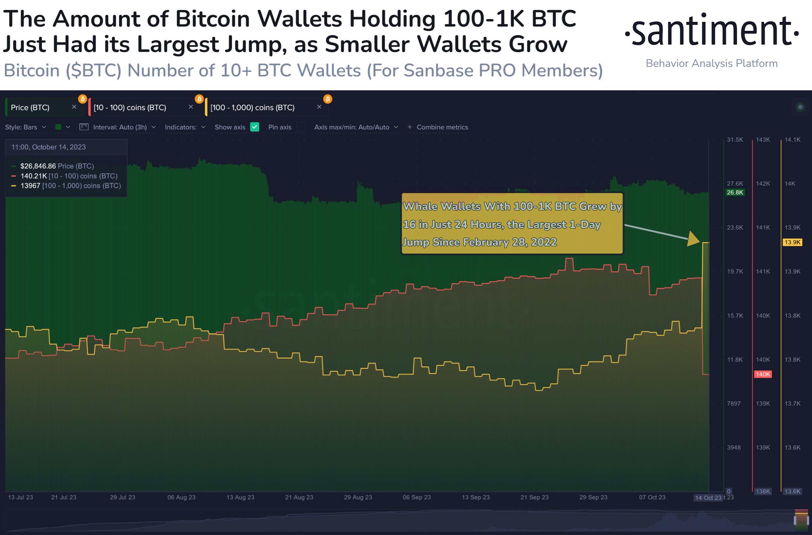数据：昨日新增16个持有100-1000枚BTC之间的钱包