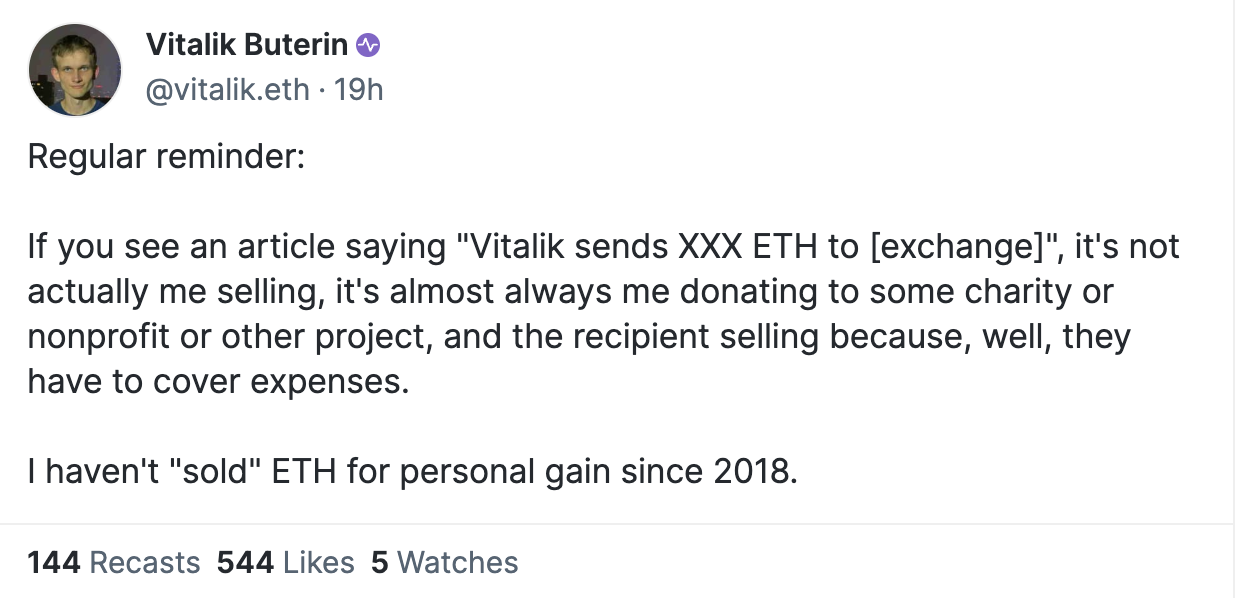 Vitalik：自2018年以来，我没有为了个人利益而“出售”ETH