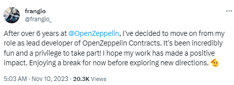 OpenZeppelin首席开发者Francisco Giordano离职