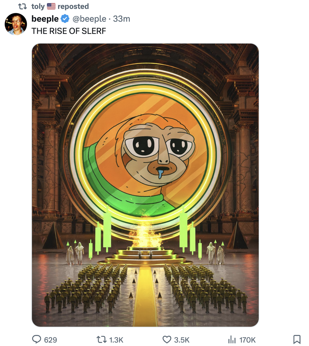 Beeple发布配有Slerf logo图片的推文“THE RISE OF SLERF”