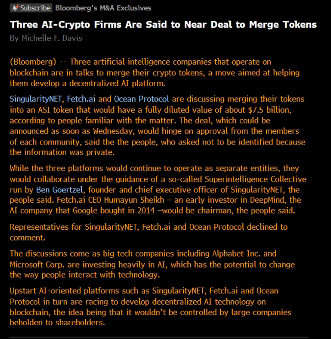 知情人士：SingularityNET、Fetch.ai和Ocean Protocol正在讨论合并为一个名为ASI的代币