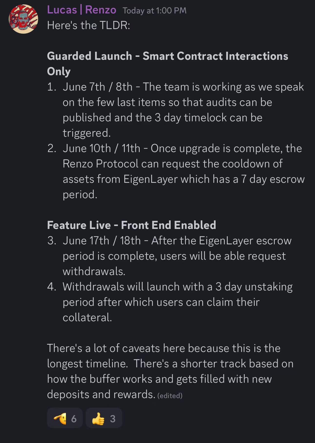 Renzo联创：预计6月17日/18日用户将能够请求提款