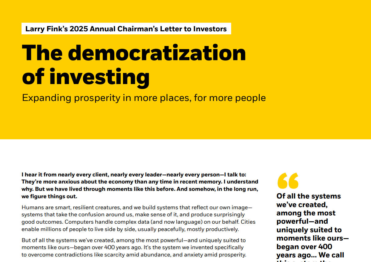 贝莱德CEO年度致投资者信：比特币或挑战美元全球地位，代币化是未来的金融高速公路